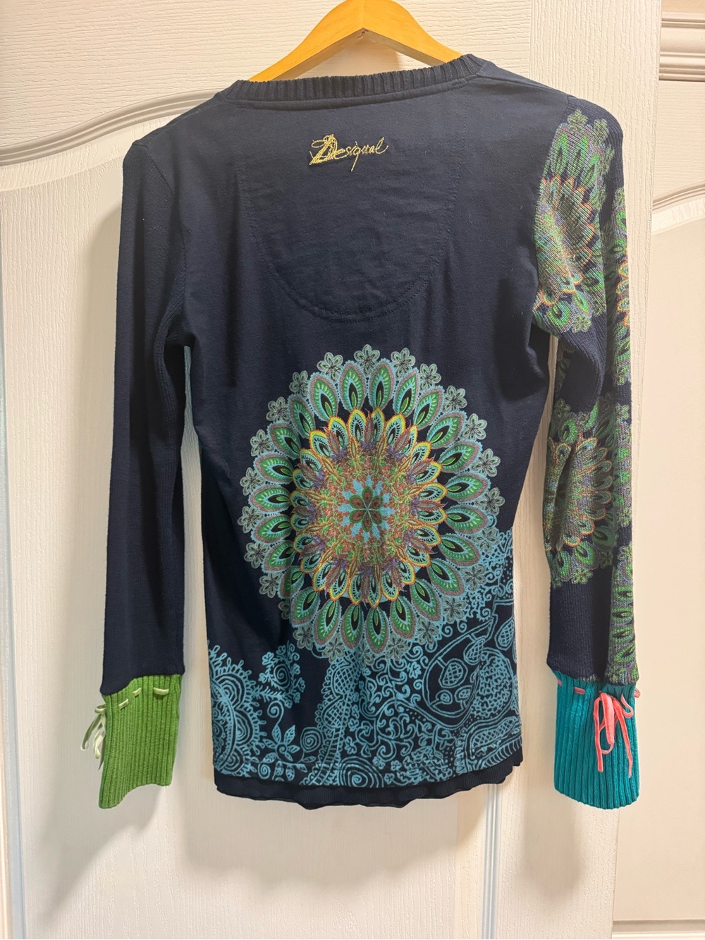 Desigual Navy Blue Long Sleeve V-Neck Tee with Green and Teal Mandala - Picture 3 of 3